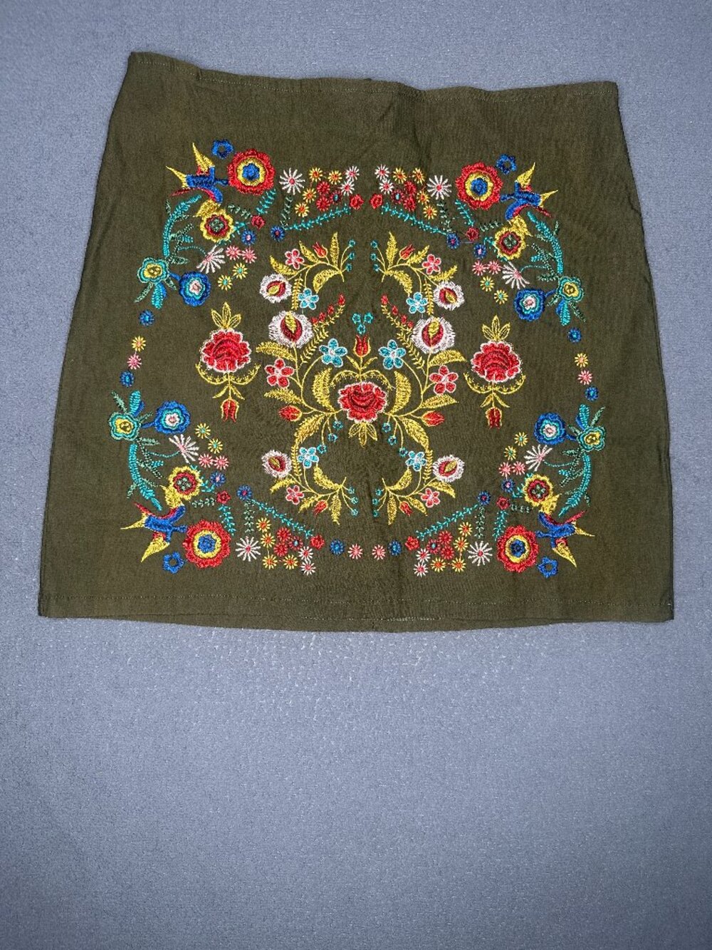 Katrina Embroidered Mini Skirt Womens Boho Floral Folk Art Olive Size 34/ US 2-4